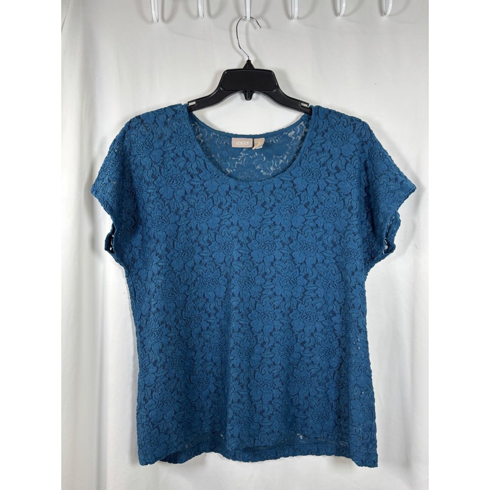 Chicos Teal Blue Floral Lace Scoop Neck Short Sleeve Blouse Top Size 3 Large XL